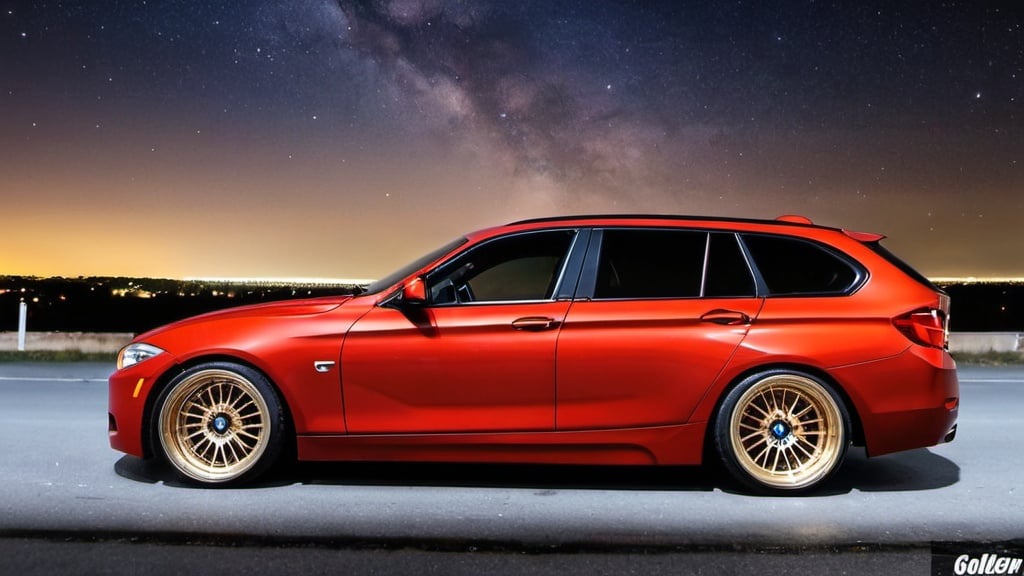 Prompt: BMW f11 wagon, red , concaver cvr1 golden wheels, city, night moon, milky way
