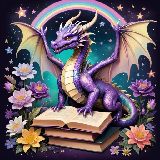 Prompt: an iridescent dragon who hoards books and flowers under a dark purple night sky filled with rainbows and stars and magical angel orbs