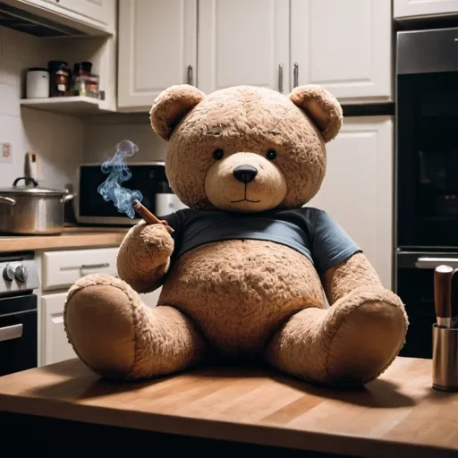 Prompt: A oversized teddy in kitchen cooking.amd smoking a blunt
