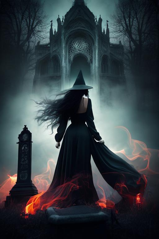 Prompt: Horror, twisted, scary, ominous, cinematic, 3D, HD, Beautiful!! {female}Witch, detailed gorgeous face, reflective eyes, long flowing hair, full body, expansive cemetery background, sunset, smoke, blood, hyper realistic, 16K