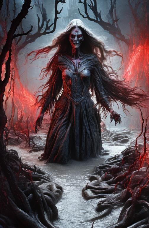 Prompt: Horror, twisted, scary, ominous, supernatural, 3D, HD, Beautiful!! {female}wizard walking through river of blood, detailed gorgeous face, white eyes, long flowing hair, full body, expansive dystopia background, smoke, blood, skulls and bones, hyper realistic, ultra proportional, weta digital, 16K