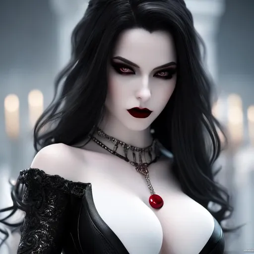 Prompt: A hyper realistic detailed full body image of a pale vampire feminine beautiful woman who has blood red in eyes, white in hair, black leather outfit, with a plunging neckline, blood on skin, vampire fangs, black paint, highly detailed, digital painting, Trending on artstation, HD quality,