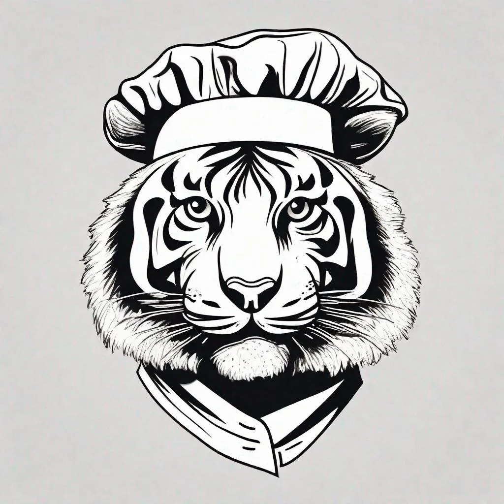 Prompt: simple line sketch drawing of a tiger wearing a chefs hat