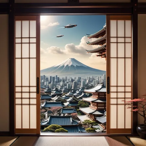 Prompt: opened traditional Japanese sliding door with a view on futuristic city with high pagodas and spaceship looking cars flying around
