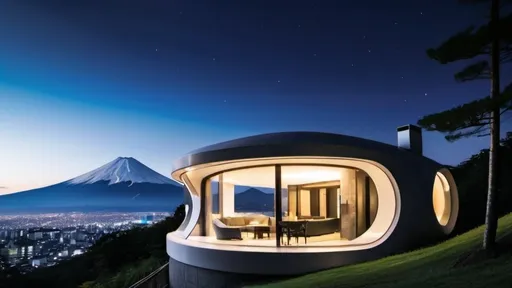 Prompt: futuristicround shape house outside with a view of fuji mount at night
