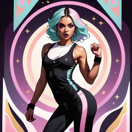 Prompt: tarot card illustration, a fierce petite woman, gym clothing, pastel goth style, dramatic lighting, auric background, pastel color palette, action pose, dynamic pose
