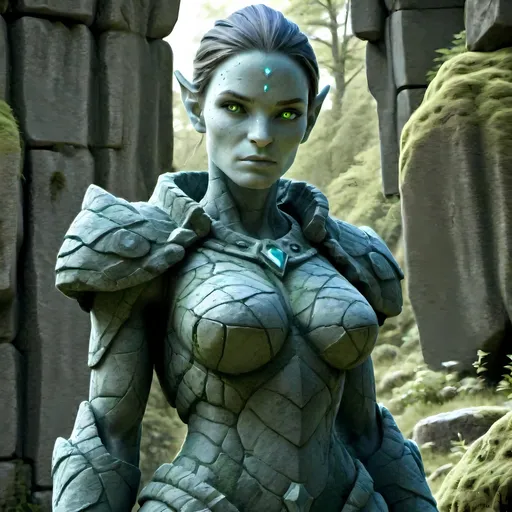 Prompt: Female stone golem, slender, style of ancient stone statue, stone face, stone skin, ancient stone material, moss-covered surface, powerful and imposing stance, high quality, realistic fantasy, earthy tones, magical glowing eyes, intricate stone carvings, ethereal aura, rugged and weathered texture