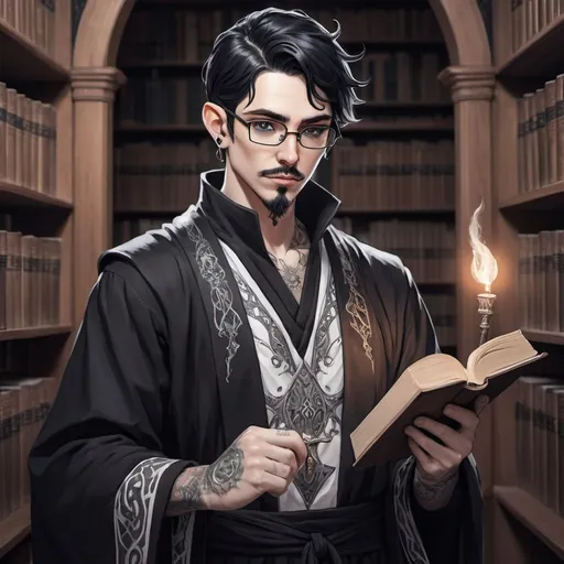 Prompt: Male Astral elf mage with elf ears with black hair anime-style art, manga art style, gothic style art in a library wearing glasses,  tattooed ears, pierced ears with a goatee,  black and white robes,  mustache, holding a quill in hand. standing 

