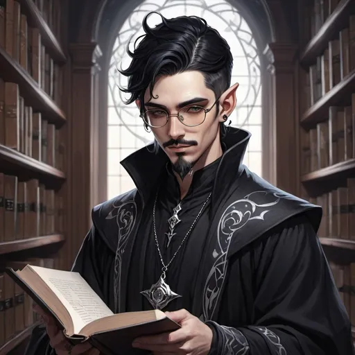 Prompt: Male Astral elf mage with black hair anime-style art, manga art style, gothic style art in a library  wearing glasses,  tattooed ears, pierced ears with a goatee,  black robes with white trim mustache, book, and quill in

