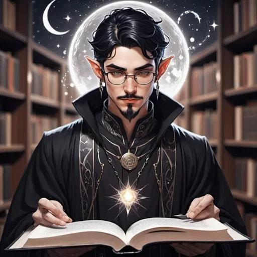 Prompt: Male Astral elf mage with black hair anime-style art, manga art style  in a library  wearing glasses, constellation tattooed ears, pierced ears with goatee, white and black robes mustache, book and quill 

