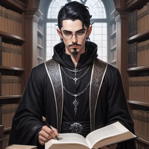 Prompt: Male Astral elf mage with black hair anime-style art, manga art style, gothic style art in a library  wearing glasses,  tattooed ears, pierced ears with a goatee,  black robes with white trim mustache, book, and quill in

