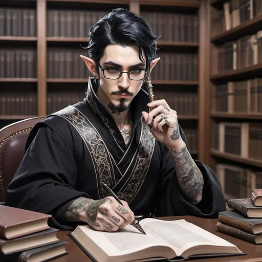 Prompt: Male Astral elf mage with elf ears with black hair anime-style art, manga art style, gothic style art, in a library wearing glasses,  tattooed ears, pierced ears with a goatee,  black and white robes,  mustache, holding a quill in hand. sitting at a desk
 

