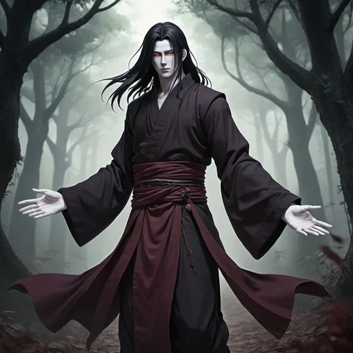 Prompt: male ghost monk bordeaux and black monk clothes Male, reborn, monk with long black hair, anime-style art, full body art style, manga art style, in a spooky forest, black trimmed Bordeaux monk clothing, , with ethereal arms ,spirit arms