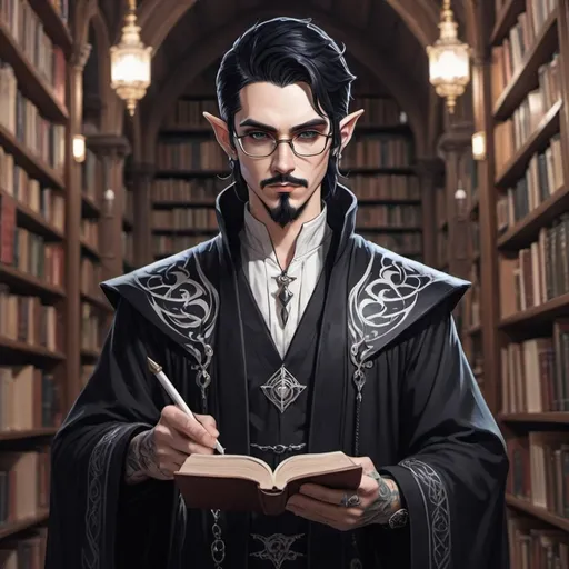 Prompt: Male Astral elf mage with black hair anime-style art, manga art style, gothic style art in a library  wearing glasses,  tattooed ears, pierced ears with a goatee,  black robes with white trim mustache,  quill in hand. standing 

