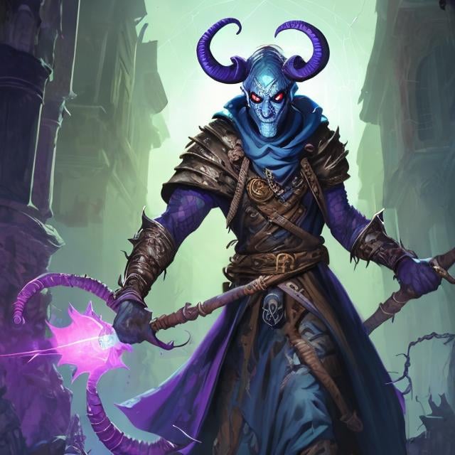 Prompt:  tiefling warlock, in cobwebbed ruins, spider-armor, blue-skinned, two-horned, shoulder-length hair,  with full blue-beard, ram-horns, holding a  staff right hand, dagger in left hand, spider eyes in  medieval urban ruins, dynamic lighting, dnd character art, graphic novel art style, DnD, intricate, elegant, highly detailed, digital painting, concept art, smooth, sharp focus, illustration,portrait style
 --niji 5 --ar 9:16
