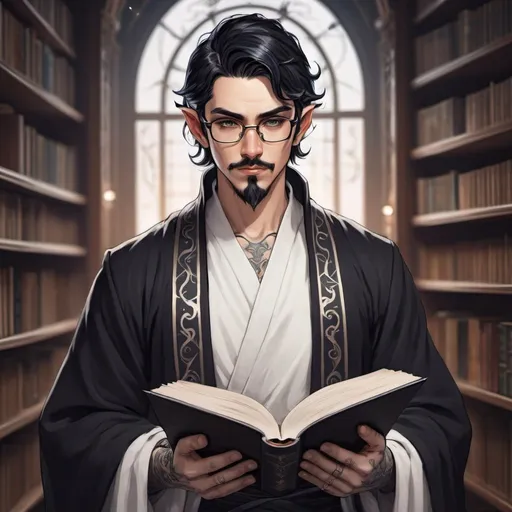 Prompt: Male Astral elf mage with black hair anime-style art, manga art style  in a library  wearing glasses,  tattooed ears, pierced ears with goatee, white and black robes mustache, book and quill 

