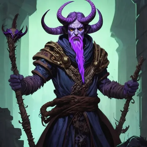 Prompt:  tiefling warlock, in cobwebbed ruins, spider-armor, blue-skinned, two-horned, shoulder-length hair,  with full blue-beard, ram-horns, holding a  staff right hand, dagger in left hand, spider eyes in  medieval urban ruins, dynamic lighting, dnd character art, graphic novel art style, DnD, intricate, elegant, highly detailed, digital painting, concept art, smooth, sharp focus, illustration,portrait style
 --niji 5 --ar 9:16
