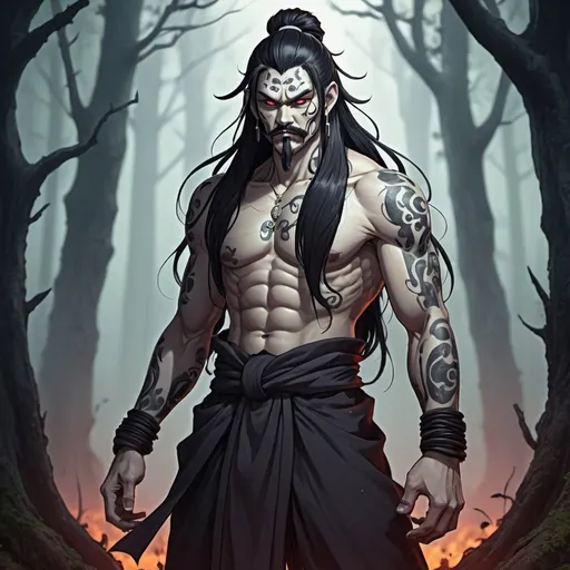 Prompt: Male  oni  demon  monk with long black hair anime-style art, full body art  style , manga art style in a in a spooky forest  pierced with goatee and mustache 