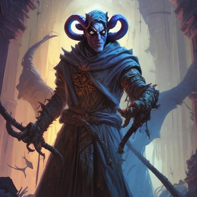 Prompt:  tiefling warlock, in cobwebbed ruins, spider-armor, blue-skinned, two-horned, shoulder-length hair,  with full blue-beard, ram-horns, holding a  staff right hand, dagger in left hand, spider eyes in  medieval urban ruins, dynamic lighting, dnd character art, graphic novel art style, DnD, intricate, elegant, highly detailed, digital painting, concept art, smooth, sharp focus, illustration,portrait style
 --niji 5 --ar 9:16
