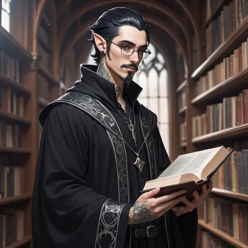 Prompt: Male Astral elf mage with black hair anime-style art, manga art style, gothic style art in a library  wearing glasses,  tattooed ears, pierced ears with a goatee,  black robes with white trim mustache, book and quill in hand. standing 

