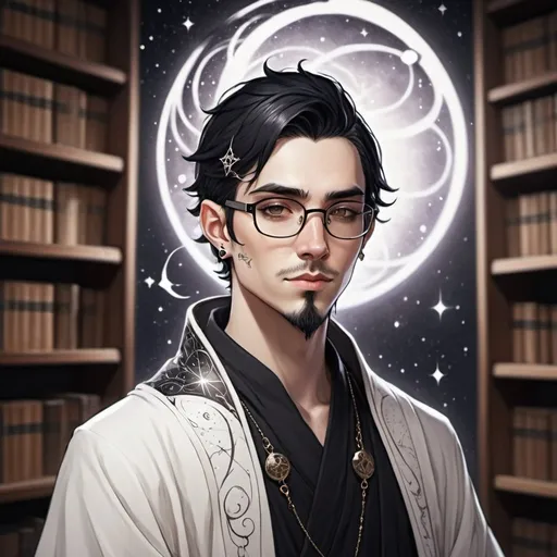 Prompt: Male Astral elf mage with black hair anime-style art, manga art style  in a library  wearing glasses, constellation tattooed ears, pierced ears with goatee white and black robes

