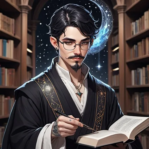 Prompt: Male Astral elf mage with black hair anime-style art, manga art style  in a library  wearing glasses, constellation tattooed ears, pierced ears with goatee, white and black robes mustache, book and quill 

