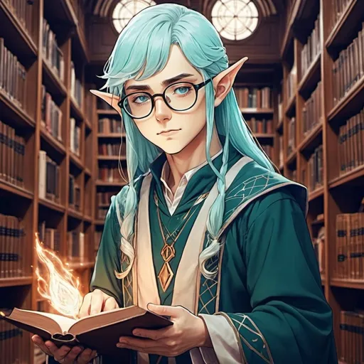 Prompt: astral elf mage anime-style art , manga art style  in a library  wearing glasses