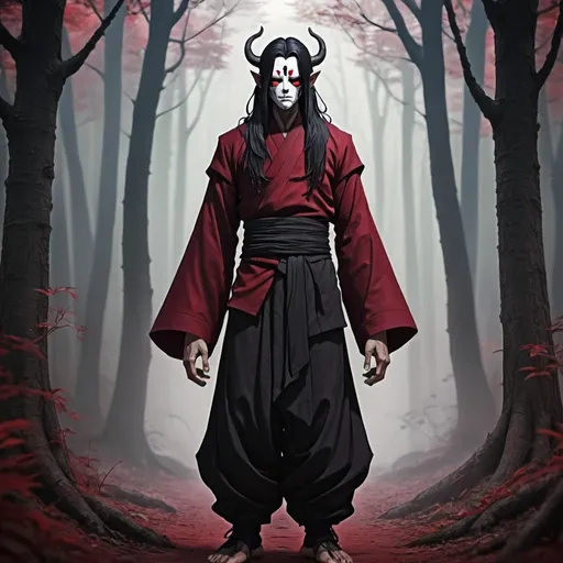Prompt: Male  demon  monk with long black hair anime-style art, full body art  style , manga art style ,in a spooky forest ,black trimmed Bordeaux  monk clothing , withred oni mask


