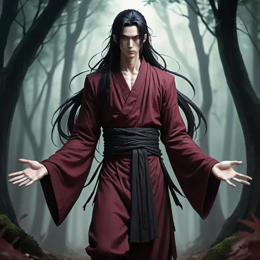 Prompt: Male, reborn, monk with long black hair, anime-style art, full body art style, manga art style, in a spooky forest, black trimmed Bordeaux monk clothing, , with  ethereal arms ,spirit arms
