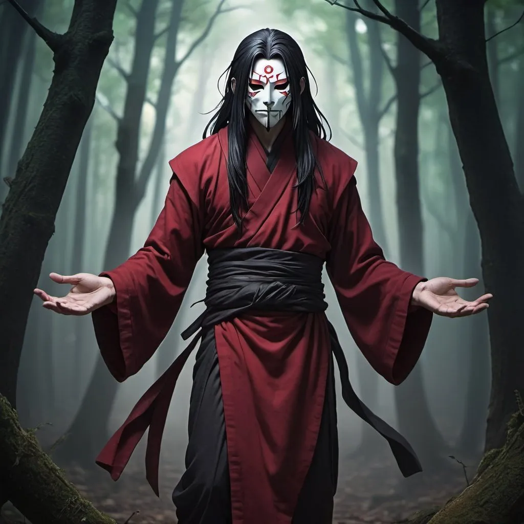 Prompt: Male, reborn,  monk with long black hair, anime-style art, full body art  style, manga art style, in a spooky forest, black trimmed Bordeaux  monk clothing, wearing a red oni mask, with spectral arms


