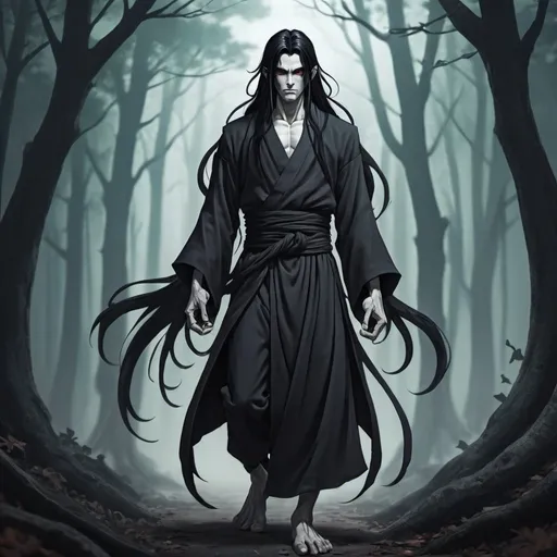 Prompt: Male  demon  monk with long black hair anime-style art, full body art  style , manga art style in a in a spooky forest  