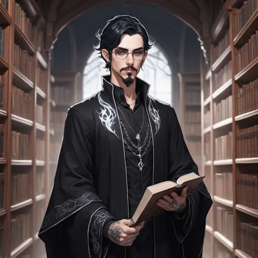 Prompt: Male Astral elf mage with black hair anime-style art, manga art style, gothic style art in a library  wearing glasses,  tattooed ears, pierced ears with a goatee,  black robes with white trim mustache,  quill in hand. standing 

