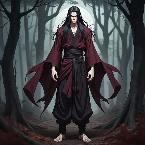Prompt: Male  demon  monk with long black hair anime-style art, full body art  style , manga art style in a spooky forest black trimmed Bordeaux  monk
 clothing
