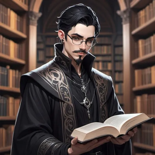 Prompt: Male Astral elf mage with black hair anime-style art, manga art style, gothic style art in a library  wearing glasses,  tattooed ears, pierced ears with a goatee,  black robes with white trim mustache, book, and quill in hand. standing 

