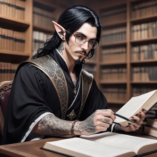 Prompt: Male Astral elf mage with elf ears with black hair anime-style art, manga art style, gothic style art, in a library wearing glasses,  tattooed ears, pierced ears with a goatee,  black and white robes,  mustache, holding a quill in hand. sitting at a desk
 

