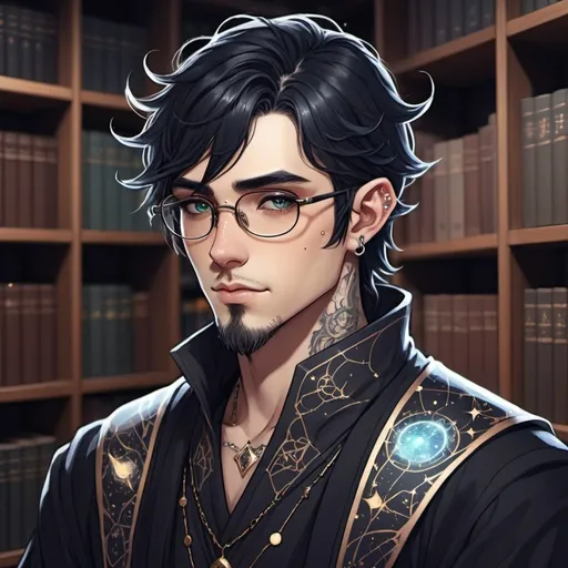 Prompt: Male astral elf mage with black hair anime-style art, manga art style  in a library  wearing glasses, constellation tattooed ears, pierced ears with goatee
