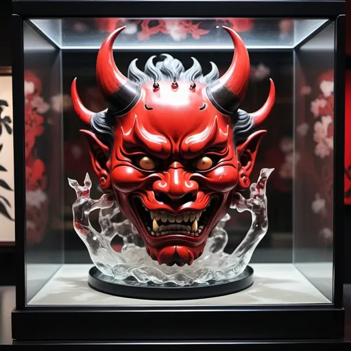 Prompt: red hannya oni mask sitting in a glass display case, anime style art, Manga style art, Japanese art style, ethereal arms reaching through broken glass to grab it
