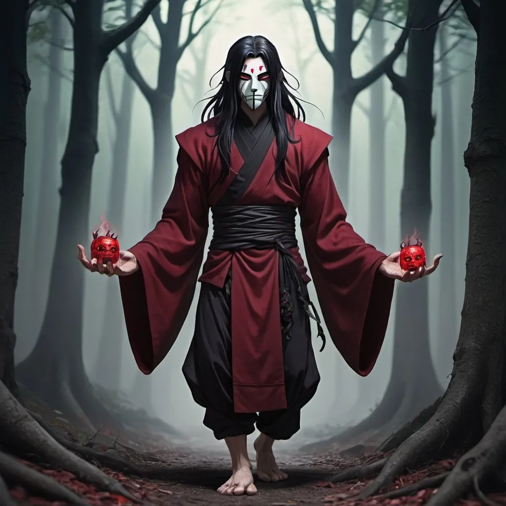 Prompt: Male , reborn,  monk with long black hair, anime-style art, full body art  style , manga art style, in a spooky forest , black trimmed Bordeaux  monk clothing, with red oni mask, spectral arms


