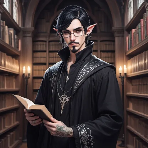 Prompt: Male Astral elf mage with elf ears with black hair anime-style art, manga art style, gothic style art in a library wearing glasses,  tattooed ears, pierced ears with a goatee,  black robes with white,  mustache, holding a quill in hand. standing 

