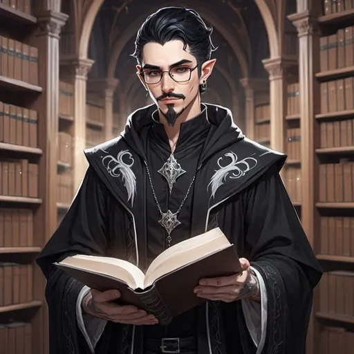 Prompt: Male Astral elf mage with black hair anime-style art, manga art style, gothic style art in a library  wearing glasses,  tattooed ears, pierced ears with a goatee,  black robes with white trim mustache, book, and quill in hand. standing 

