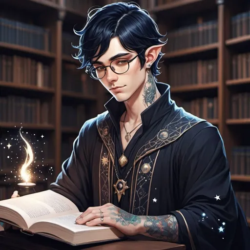 Prompt: Male astral elf mage with black hair anime-style art, manga art style  in a library  wearing glasses, constellation tattooed ears, pierced ears