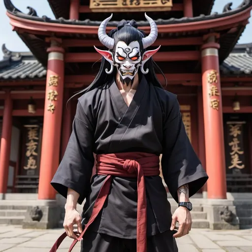Prompt: Male  t Hannya  tiefling monk with long black hair anime-style art, full body art  style , manga art style in a in front of a temple wearing glasses, , pierced with goatee and mustache 