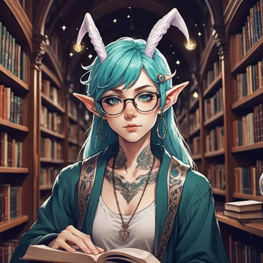 Prompt: astral elf mage anime-style art, manga art style  in a library  wearing glasses, tattoed ears, pierced ears