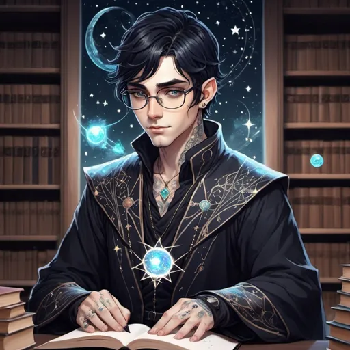 Prompt: Male astral elf mage with black hair anime-style art, manga art style  in a library  wearing glasses, constellation tattooed ears, pierced ears