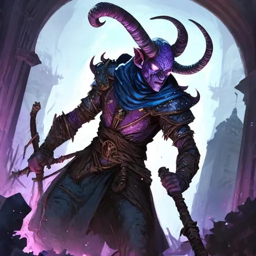 Prompt:  tiefling warlock, in cobwebbed ruins, spider-armor, blue-skinned, two-horned, shoulder-length hair,  with full blue-beard, ram-horns, holding a  staff right hand, dagger in left hand, spider eyes in  medieval urban ruins, dynamic lighting, dnd character art, graphic novel art style, DnD, intricate, elegant, highly detailed, digital painting, concept art, smooth, sharp focus, illustration,portrait style
 --niji 5 --ar 9:16
