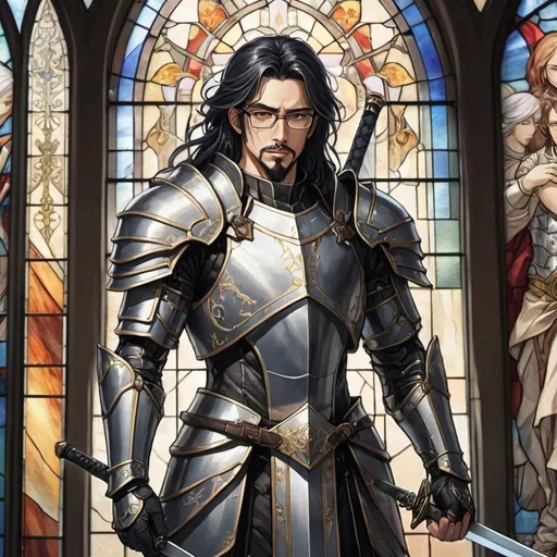 Prompt: Male Aasimar paladin with  long black hair anime-style art, full body art  style angelic look style manga art style in a in front of a stained glass window wearing glasses, , pierced ears with goatee, in plate armor wielding a katana in hands