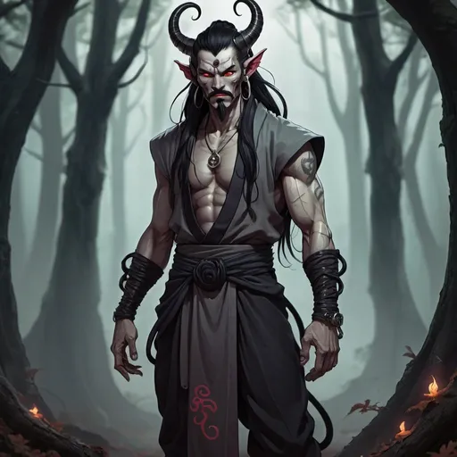 Prompt: Male  oni  tiefling demon  monk with long black hair anime-style art, full body art  style , manga art style in a in a spooky forest  pierced with goatee and mustache 