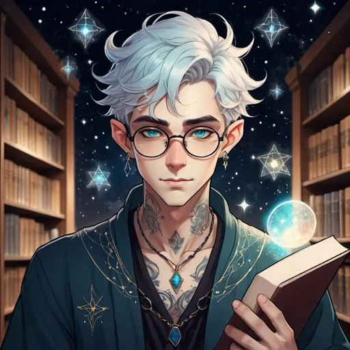 Prompt: Male astral elf mage anime-style art, manga art style  in a library  wearing glasses, constellation tattooed ears , pierced ears