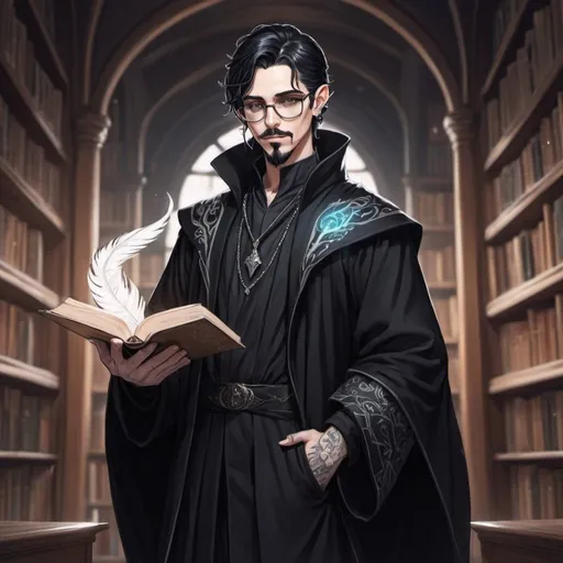 Prompt: Male Astral elf mage with black hair anime-style art, manga art style, gothic style art in a library wearing glasses,  tattooed ears, pierced ears with a goatee,  black robes with white trim mustache, holding a featherd quill in hand. standing 

