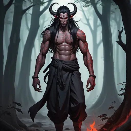 Prompt: Male  oni  tiefling demon  monk with long black hair anime-style art, full body art  style , manga art style in a in a spooky forest  